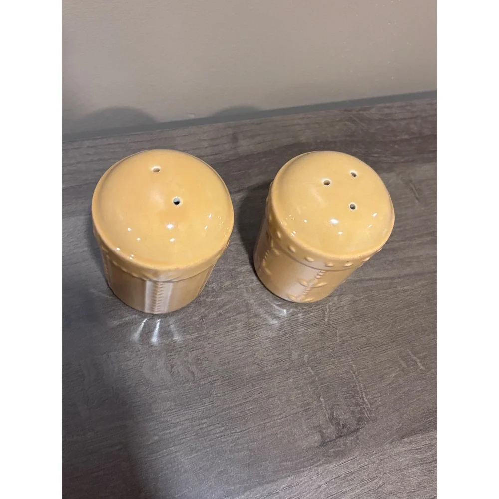Yellow Sorento Ceramic Salt and Pepper Shakers Set Embossed Floral Stoneware